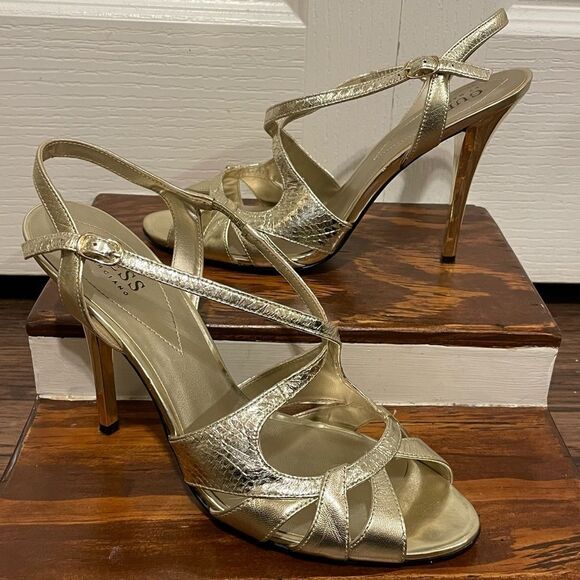 Guess WGRALIE Leather Strappy Stiletto Heels Metallic Gold Side Buckle Size 8.5 - Picture 1 of 12